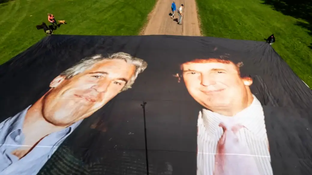A massive photo of Jeffrey Epstein and Donald Trump unfurled by protestors outside of Windsor Castle during Trump's visit in September 2025.