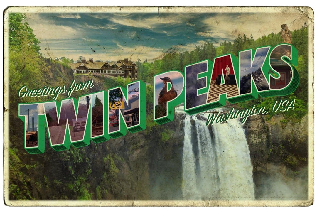 A postcard from the fictional town of Twin Peaks that reads "Greetings from Twin Peaks"