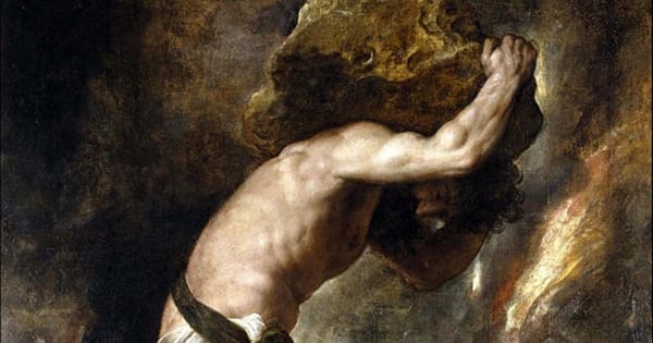 Detail of the painting Sisyphus, oil on canvas by Titian, 1548–49; in the Prado Museum, Madrid. You can pronounce it "TIT-ian" if you want, that's free.